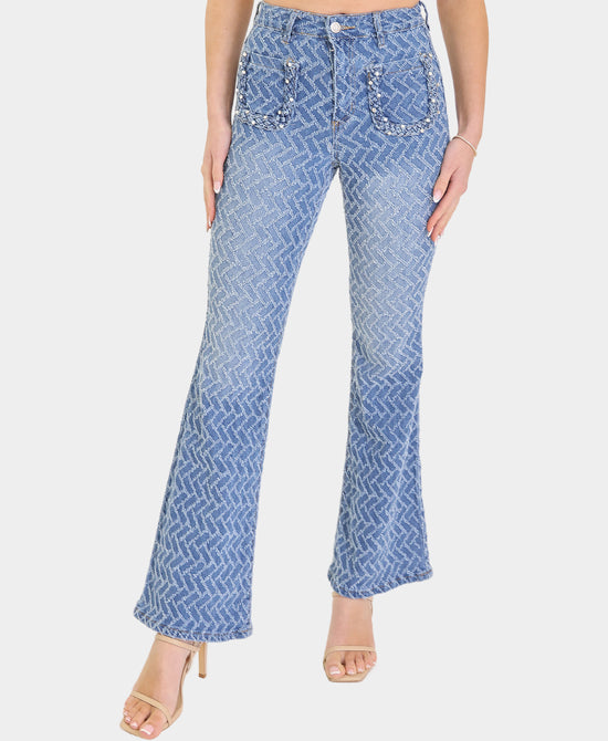 Textured Jeans w/ Pearl & Rhinestone Front Pockets view 1