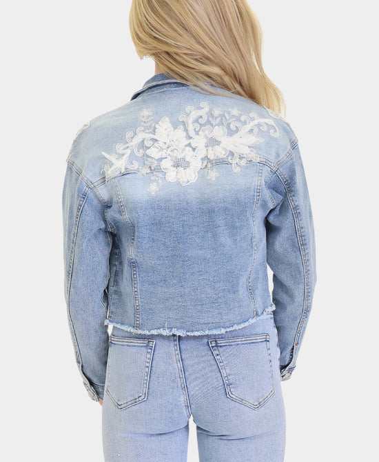 Denim Jacket w/ Embroidered Flowers & Rhinestones view 2