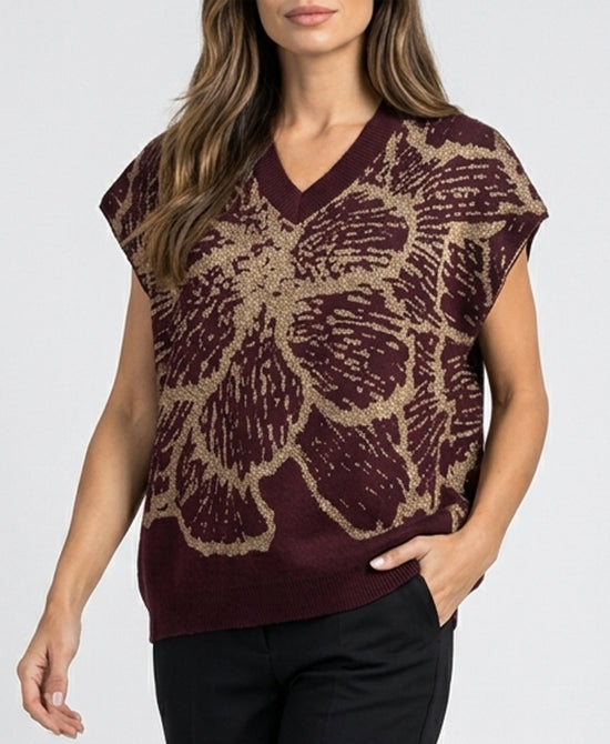 
Metallic Floral Sweater Vest in BURGUNDY/GOLD view 1
