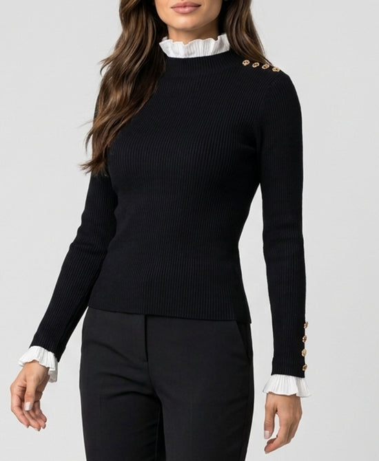 
Ribbed Sweater w/ Ruffle Trim in BLACK/WHITE view 1