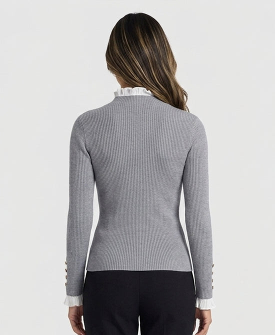 
Ribbed Sweater w/ Ruffle Trim in GREY/WHITE view 2