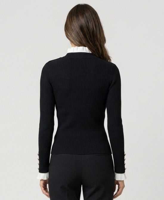 
Ribbed Sweater w/ Ruffle Trim in BLACK/WHITE view 2