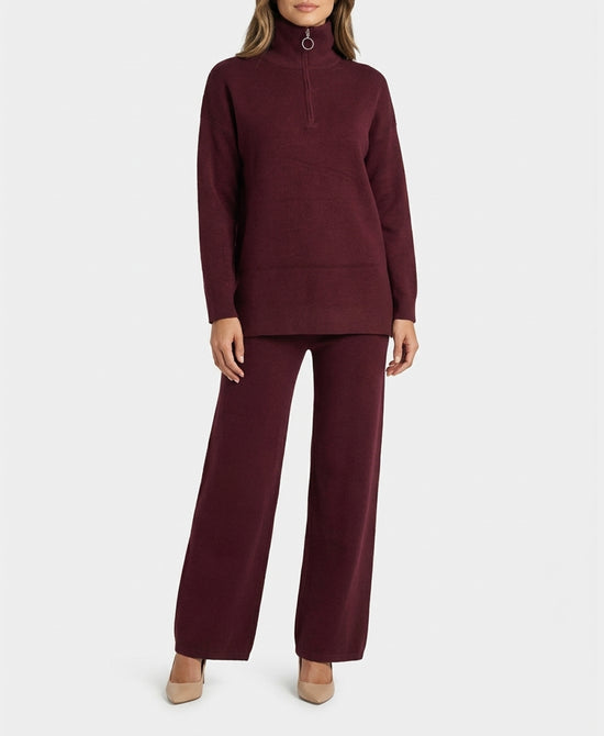 
Quarter Zip Sweater & Knit Pants Set- 2 Pc Set in BURGUNDY view 1