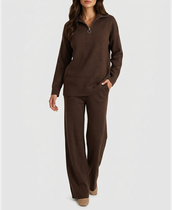 
Quarter Zip Sweater & Knit Pants Set- 2 Pc Set in BROWN view 1