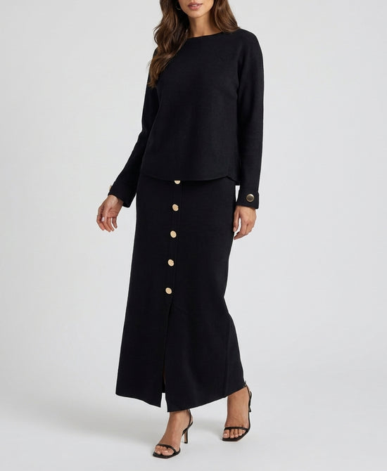 
Sweater & Knit Maxi Skirt w/ Gold Buttons- 2 Pc Set in BLACK view 1