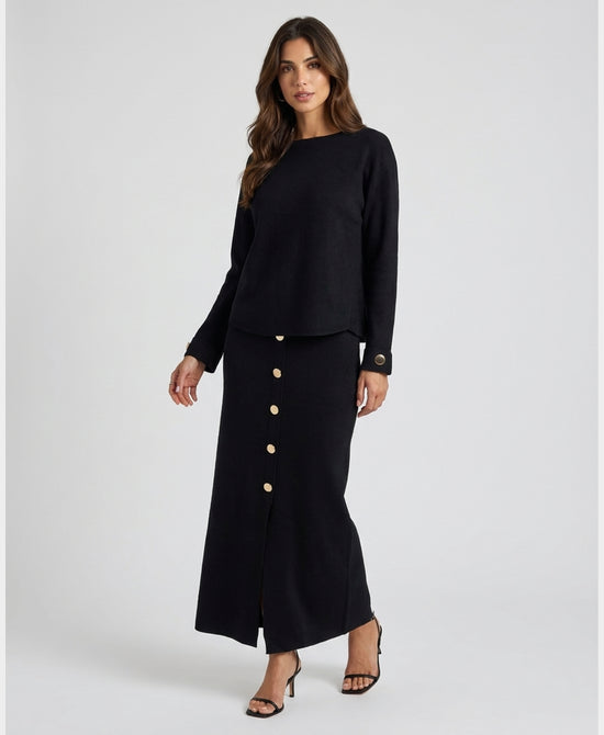 
Sweater & Knit Maxi Skirt w/ Gold Buttons- 2 Pc Set in BLACK view 1