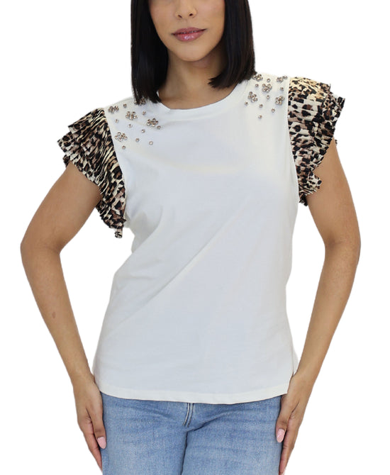 Tee w/ Pleated Sleeves & Rhinestones view 