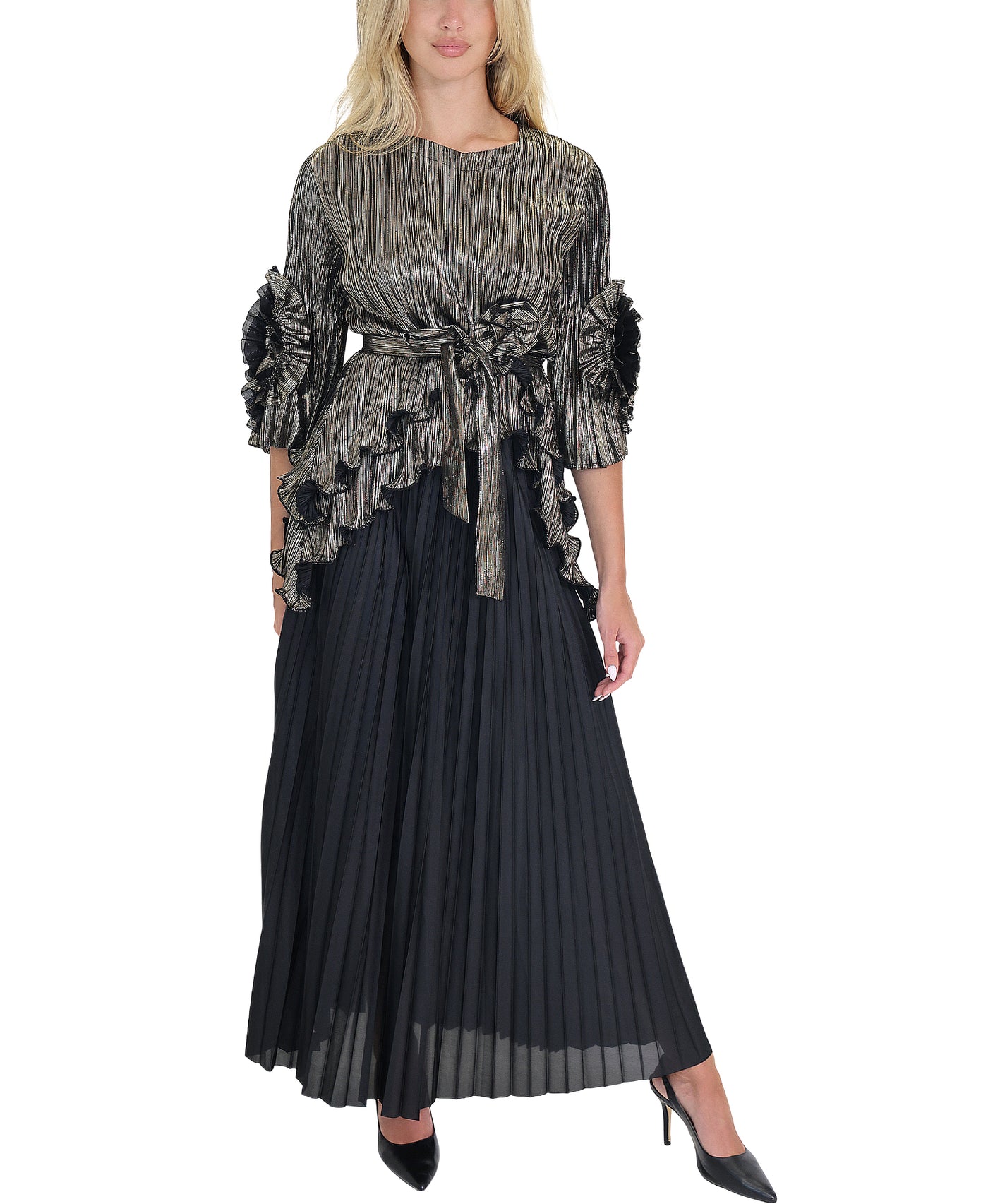 Metallic Crinkle Ruffle Top & Pleated Skirt Set - 2 Pc Set view 1