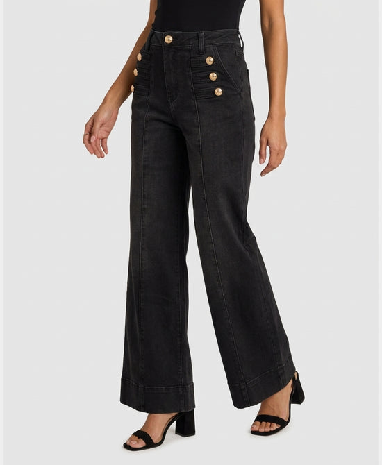 
Band Detail Wide Leg Jeans in grey black view 1