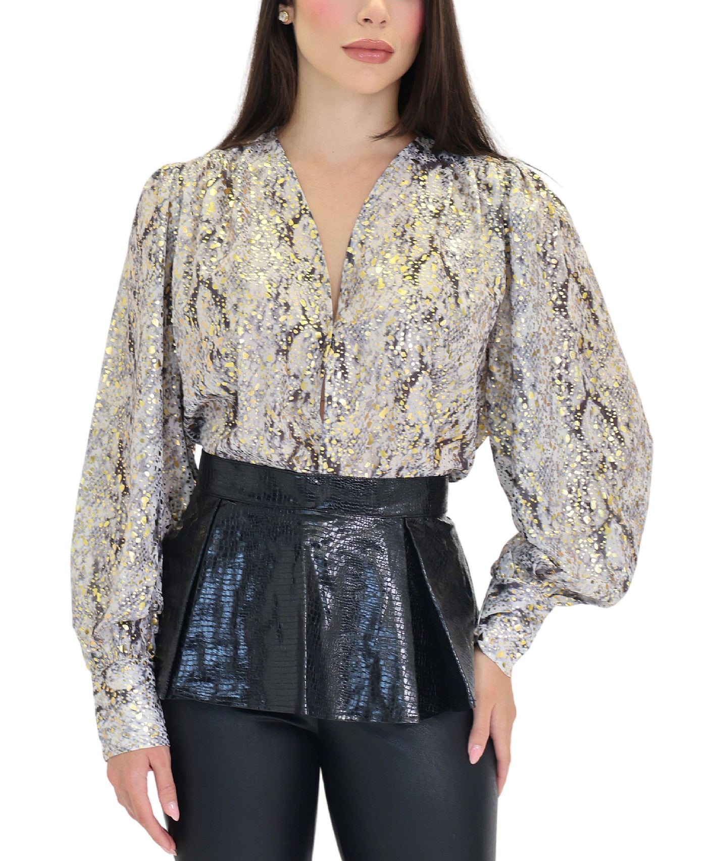 Metallic Snake Print Blouse w/ Peplum Topper - 2 Pc Set view 1