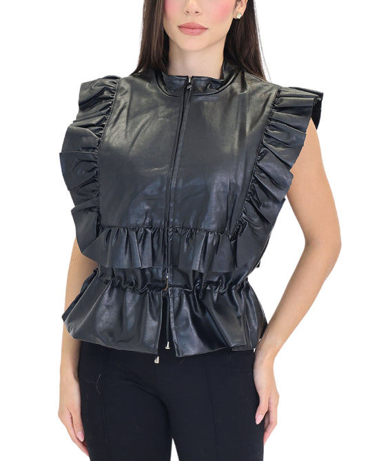 Faux Leather Ruffle Vest view 