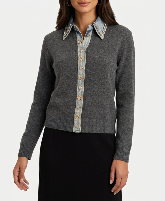 
Knit Cardigan w/ Denim & Jewel Trim in DARK GREY view 1