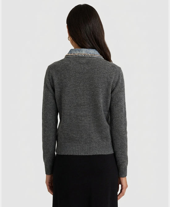
Knit Cardigan w/ Denim & Jewel Trim in DARK GREY view 2
