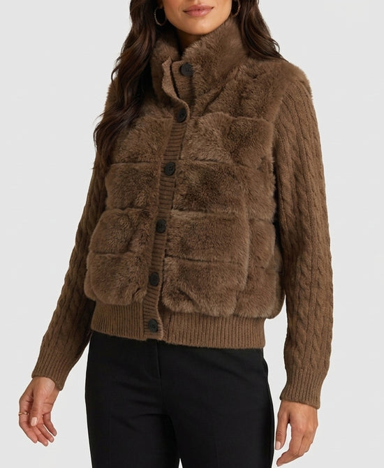
Faux Fur Jacket w/ Cable Knit Sleeves in BROWN view 1