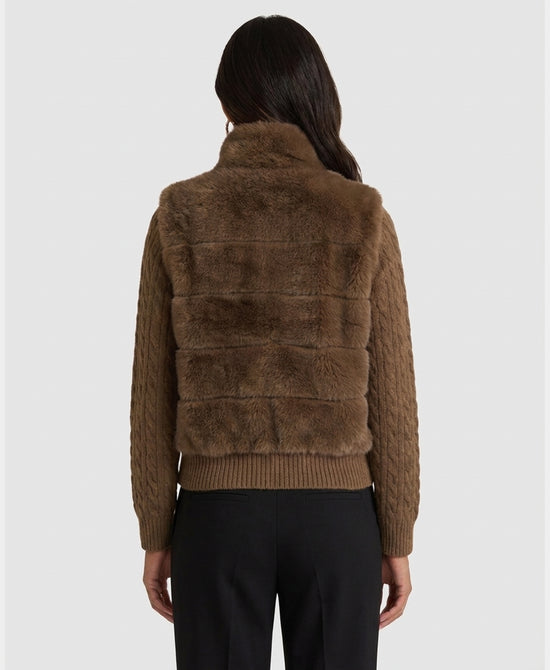 
Faux Fur Jacket w/ Cable Knit Sleeves in BROWN view 2