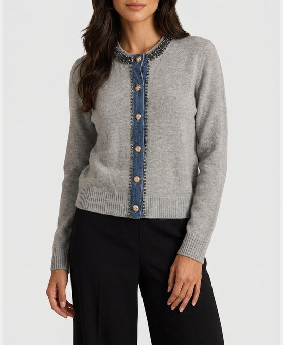 
Knit Cardigan w/ Denim & Jewel Trim in GREY view 1