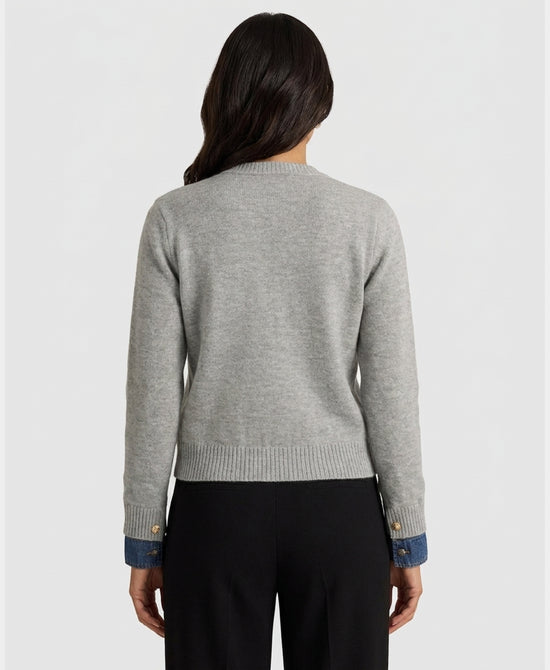 
Knit Cardigan w/ Denim & Jewel Trim in GREY view 2