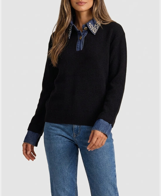 
Sweater w/ Denim & Jewel Trim in BLACK view 1