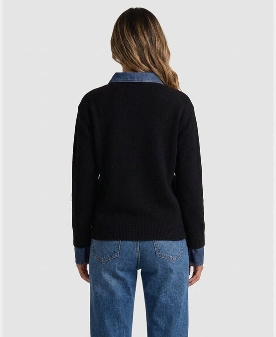 
Sweater w/ Denim & Jewel Trim in BLACK view 2