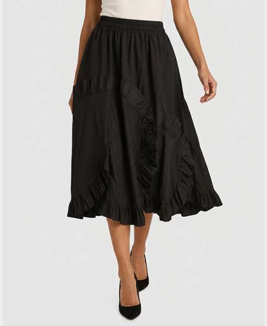 
Midi Skirt w/ Ruffles in BLACK view 1