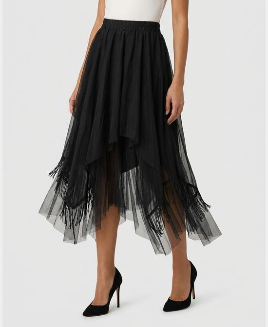 
Asymmetrical Faux Suede Skirt w/ Tulle in BLACK view 1