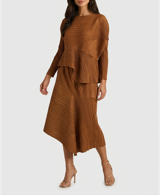 
Asymmetrical Plisse Top & Skirt - 2 Pc Set in BROWN view 1
