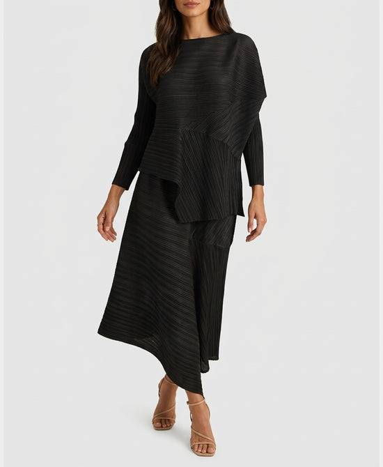 
Asymmetrical Plisse Top & Skirt - 2 Pc Set in BLACK view 1