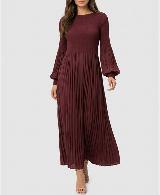 
Plisse Maxi Dress w/ Balloon Sleeves in BURGUNDY view 1