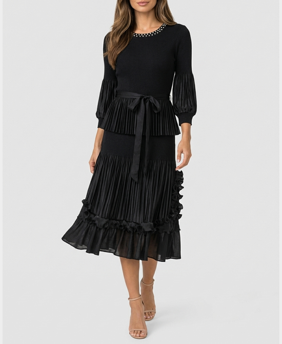 
Tiered Ruffle Maxi Dress w/ Pearls in BLACK view 1