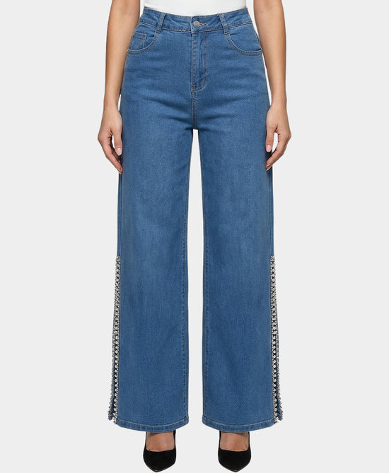 Jeans w/ Side Split Rhinestone & Pearl Trim view 1
