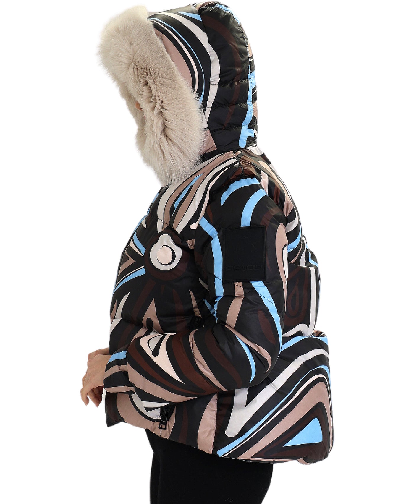 Swirl Print Puffer Jacket w/ Fox Fur Hood view 2