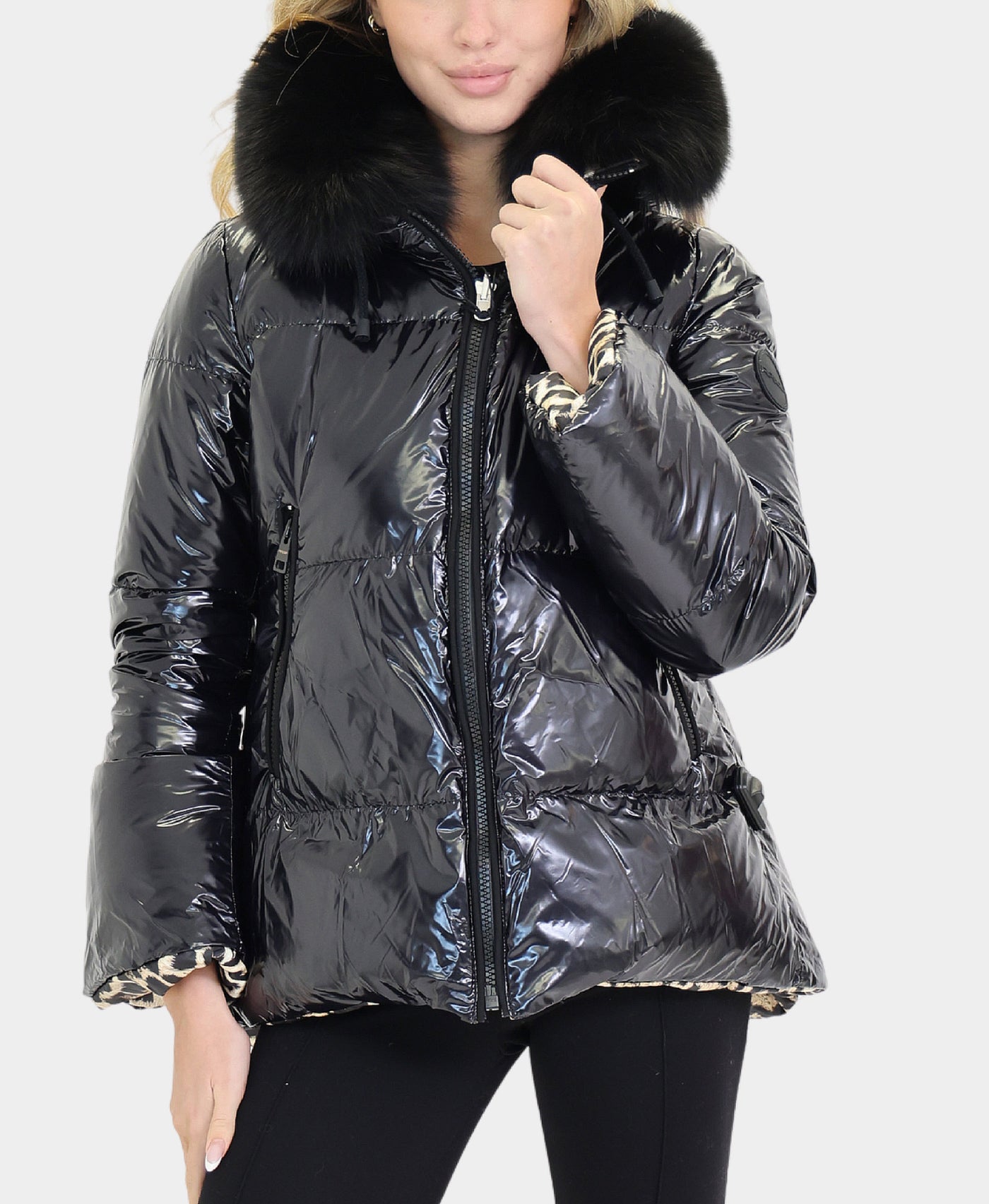 Shiny Down Puffer Jacket w/ Fox Fur Trim Hood view 1