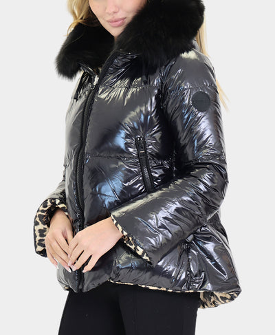Shiny Down Puffer Jacket w/ Fox Fur Trim Hood image 2