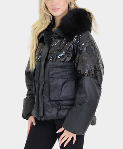 Sequin Down Puffer Jacket w/ Fox Fur Trim Hood image 2