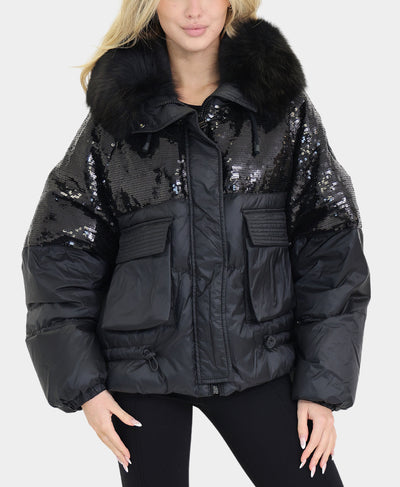 Sequin Down Puffer Jacket w/ Fox Fur Trim Hood image 1