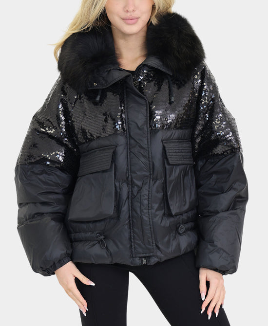Sequin Down Puffer Jacket w/ Fox Fur Trim Hood view 