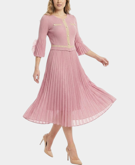 Plisse Pleated Dress w/ Pearl Button Accents view 