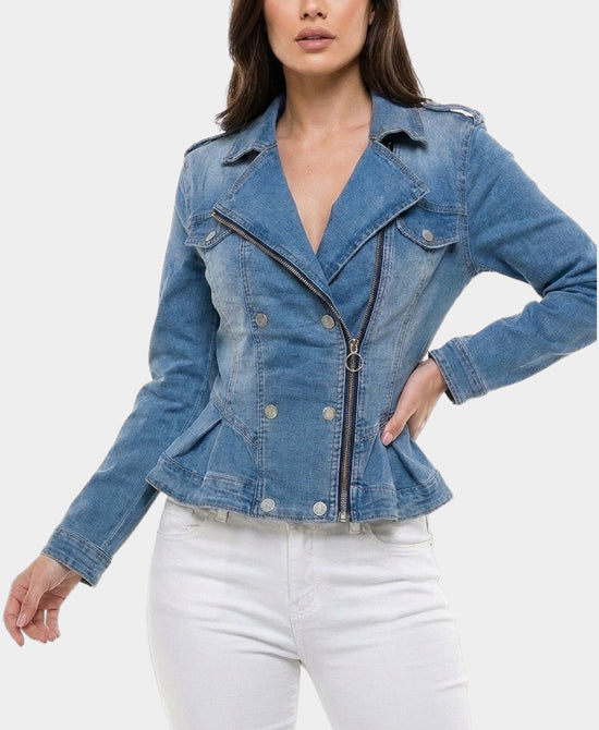 
Peplum Denim Jacket w/ Asymmetrical Zipper in MEDIUM WASH view 1