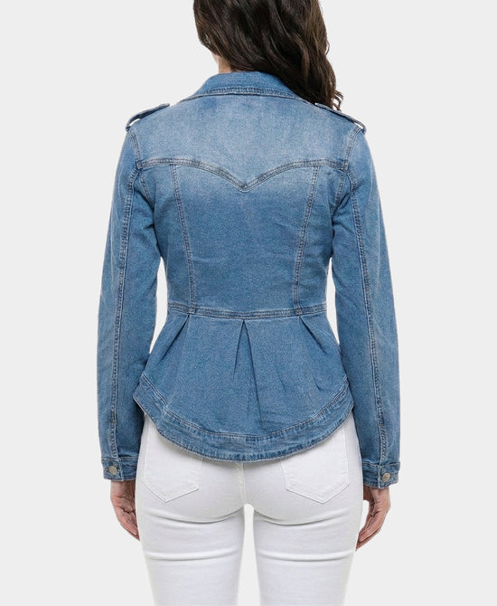 
Peplum Denim Jacket w/ Asymmetrical Zipper in MEDIUM WASH view 2