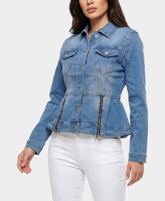 
Peplum Denim Jacket w/ Zipper Detail in MEDIUM WASH view 1