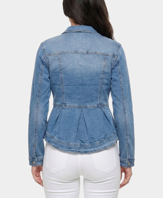 
Peplum Denim Jacket w/ Zipper Detail in MEDIUM WASH view 2