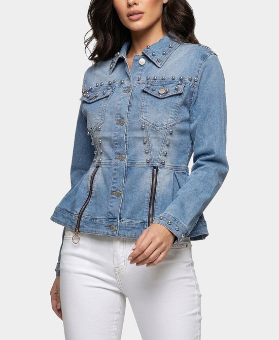 
Peplum Denim Jacket w/ Silver Pearls & Zipper Detail in MEDIUM WASH view 1