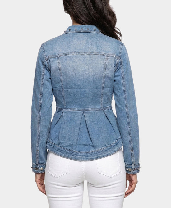 
Peplum Denim Jacket w/ Silver Pearls & Zipper Detail in MEDIUM WASH view 2