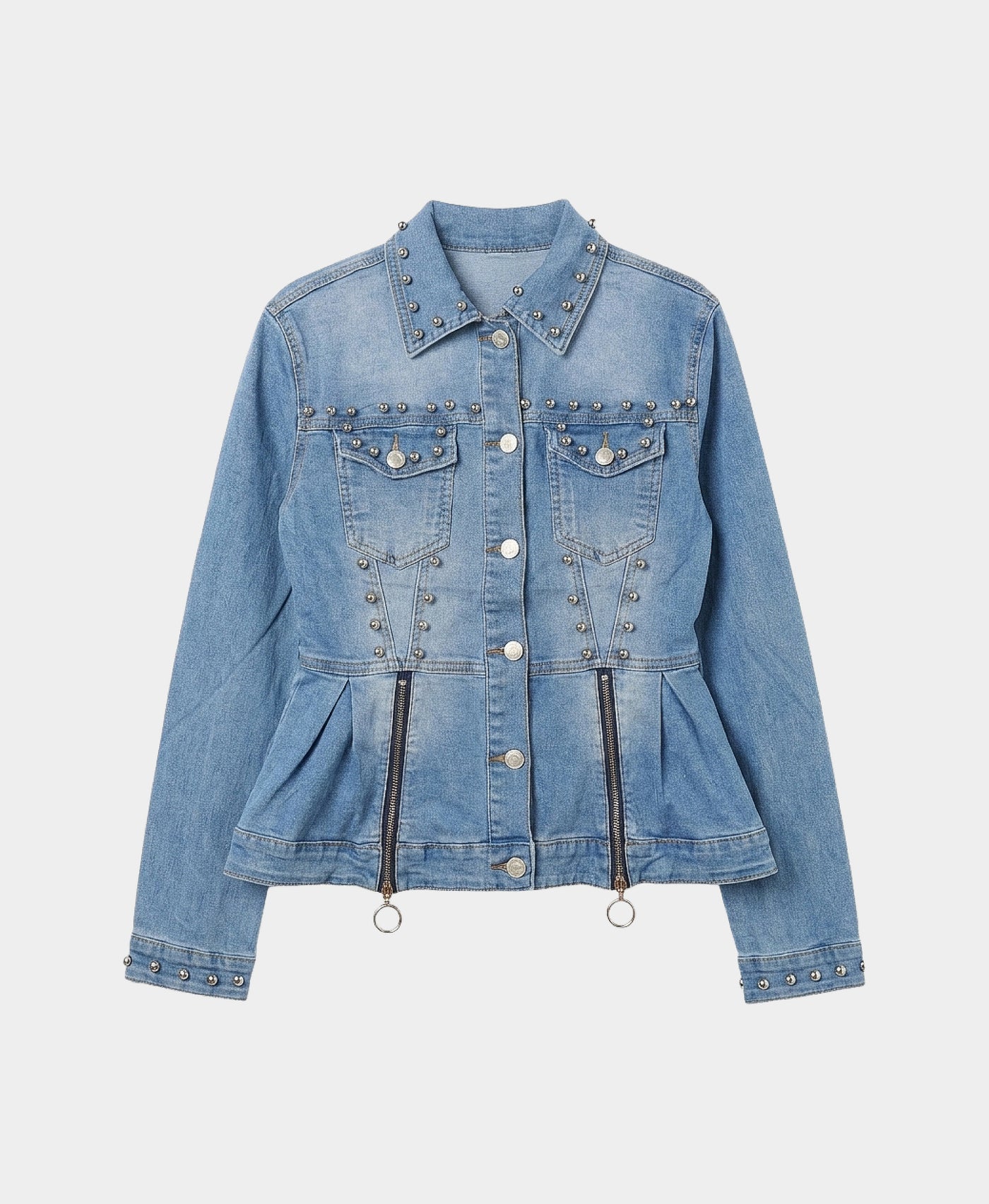 Peplum Denim Jacket w/ Silver Pearls & Zipper Detail – FOX'S - Online