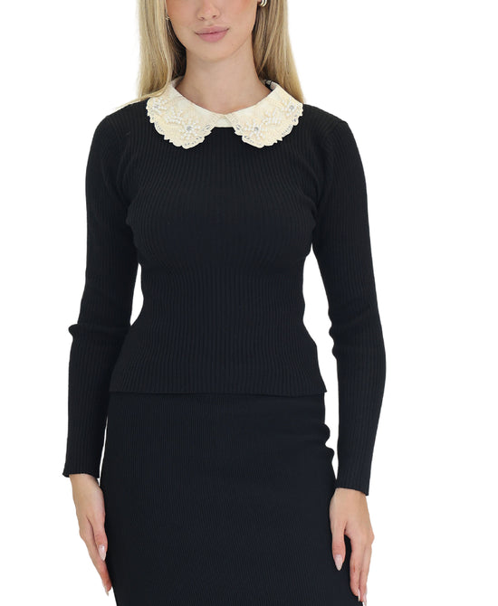 Knit Top w/ Embroidered Collar w/ Pearls view 