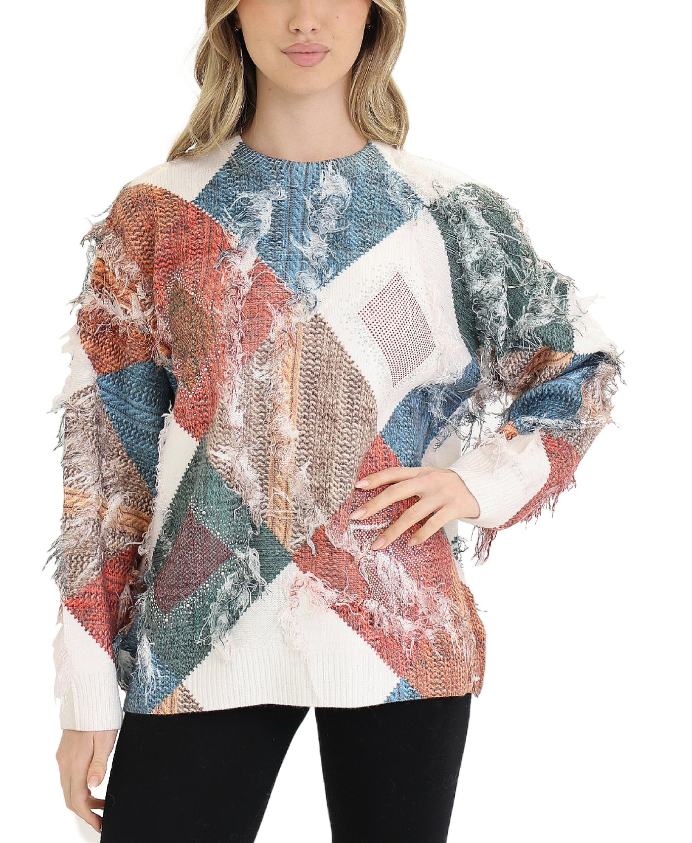 Patchwork Print Sweater w/ Fringe & Crystals view 1