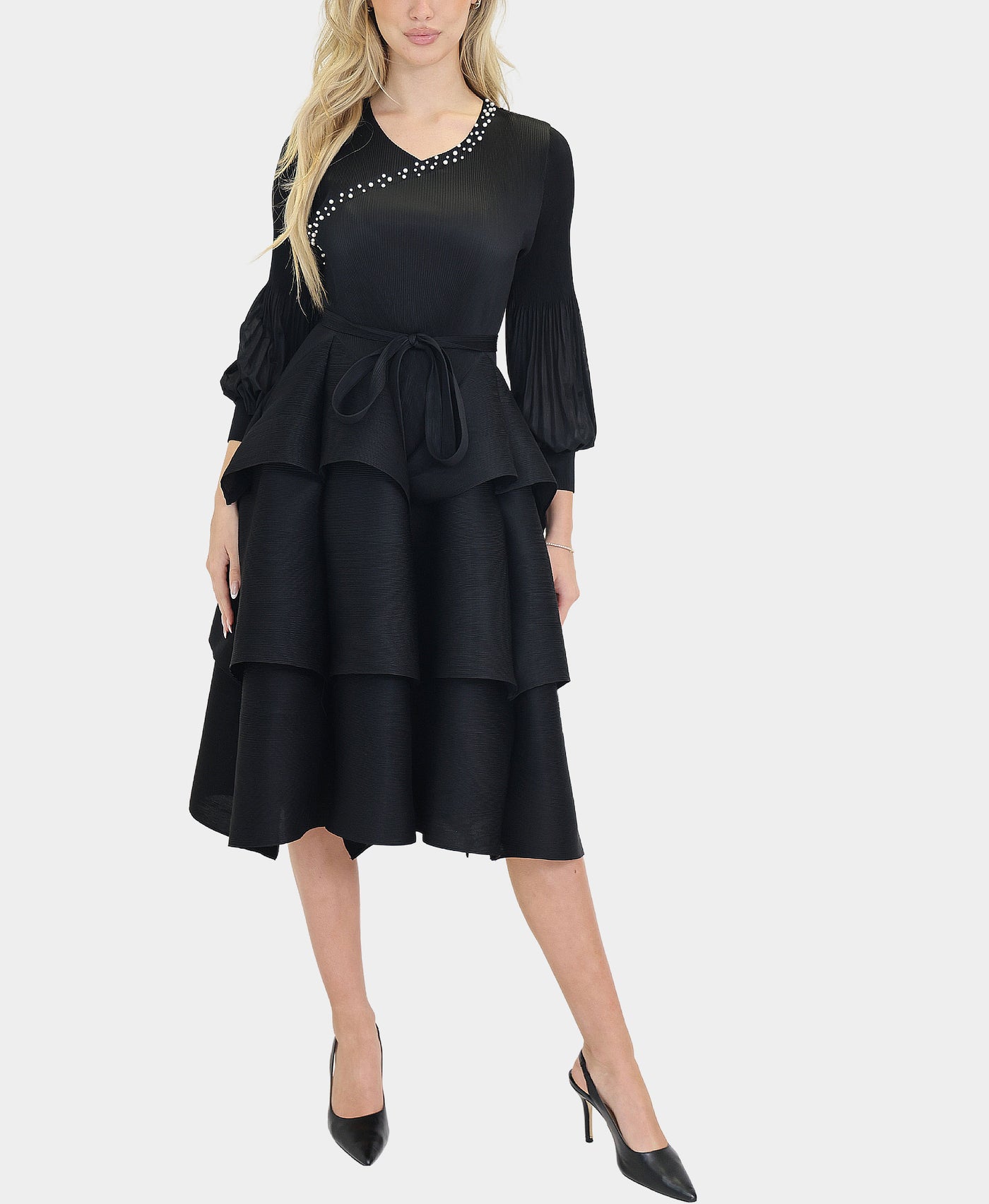 Plisse Tiered Dress w/ Pearls view 1