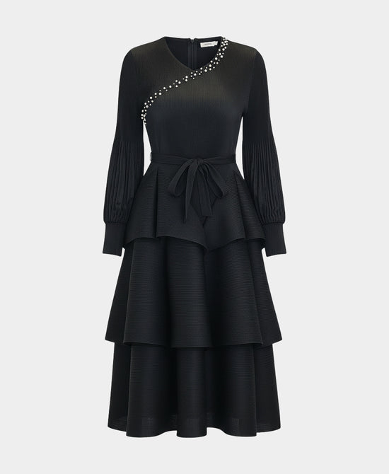 Plisse Tiered Dress w/ Pearls view 