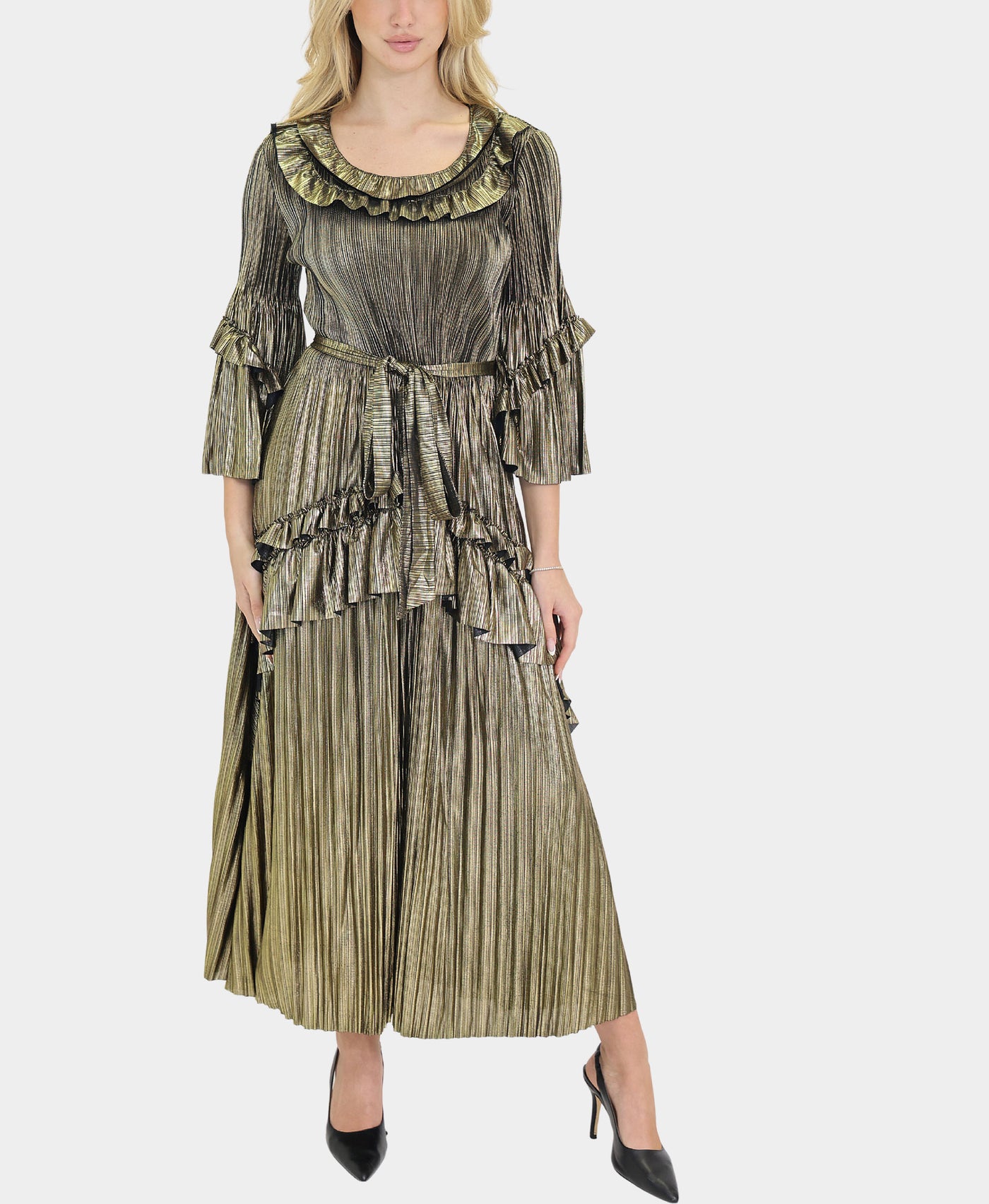 Metallic Plisse Dress w/ Ruffles Metallic Plisse Dress w/ Ruffles