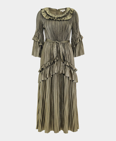 Metallic Plisse Dress w/ Ruffles Metallic Plisse Dress w/ Ruffles